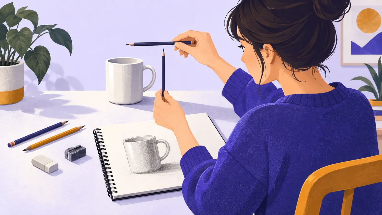 A beginner compares a plain mug with a graphite study in an open sketchbook