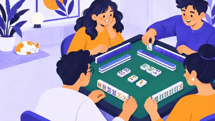 Four players arrange mahjong tiles at a green table with low walls and face-up discards