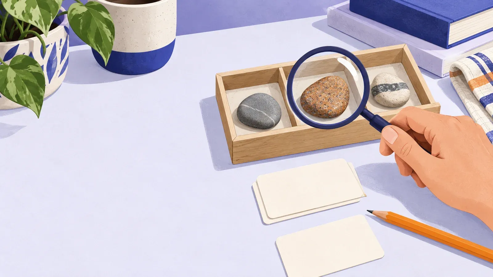 A hand holds a magnifying glass above three stones in a divided box beside blank cards
