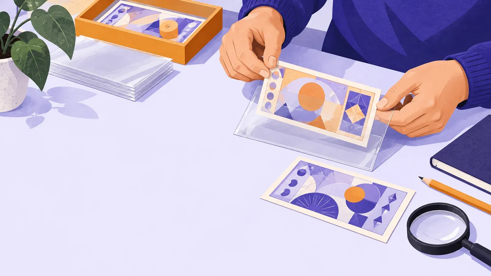 Hands place an abstract banknote into a clear sleeve beside a notebook, pencil and magnifier