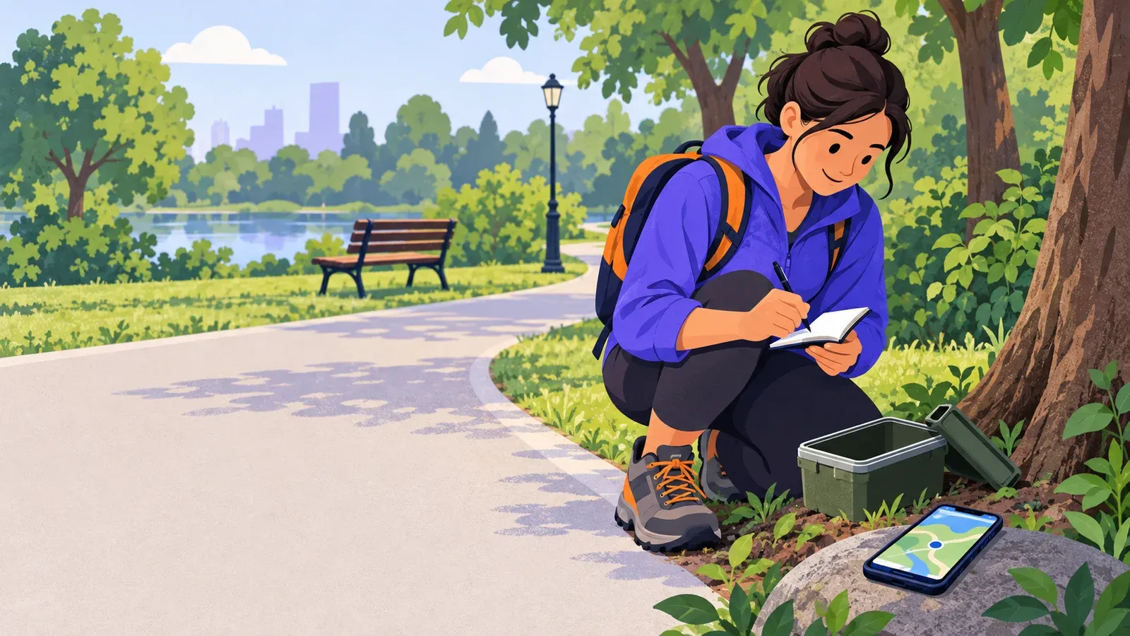 An adult signs a small log beside an open cache container near a park path.