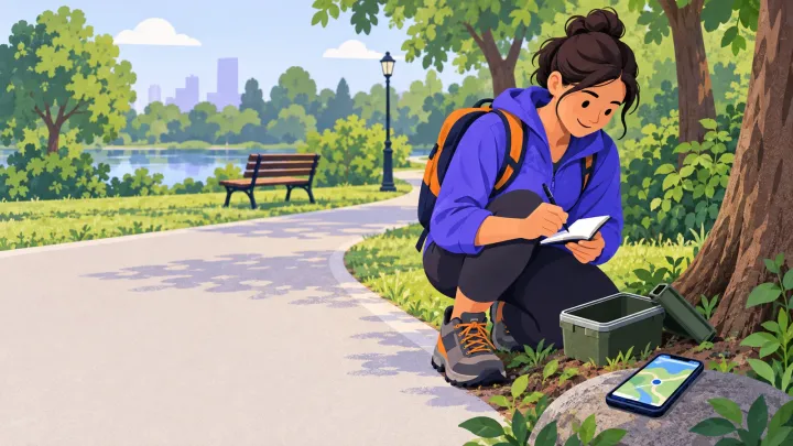 An adult signs a small log beside an open cache container near a park path.