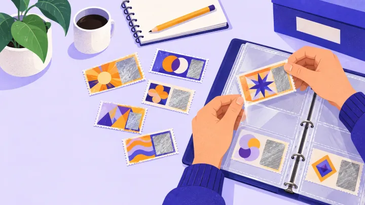 Hands place a colorful scratch ticket in an album beside other tickets, a notebook and a pencil