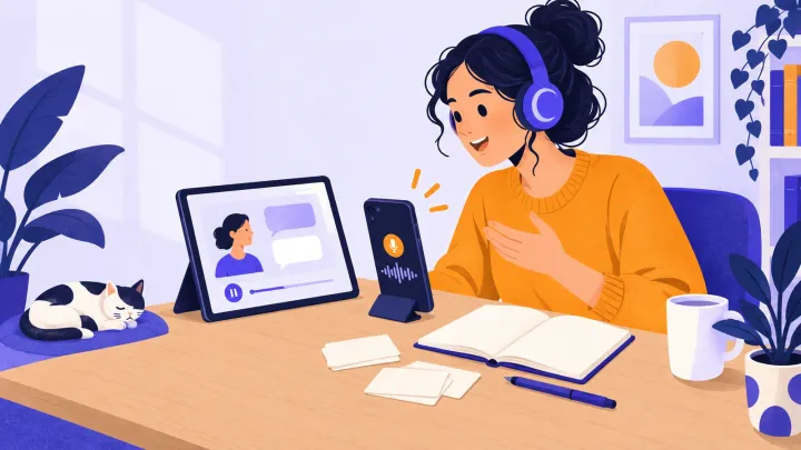 A learner in headphones speaks toward a phone beside a tablet, practice cards and an open notebook