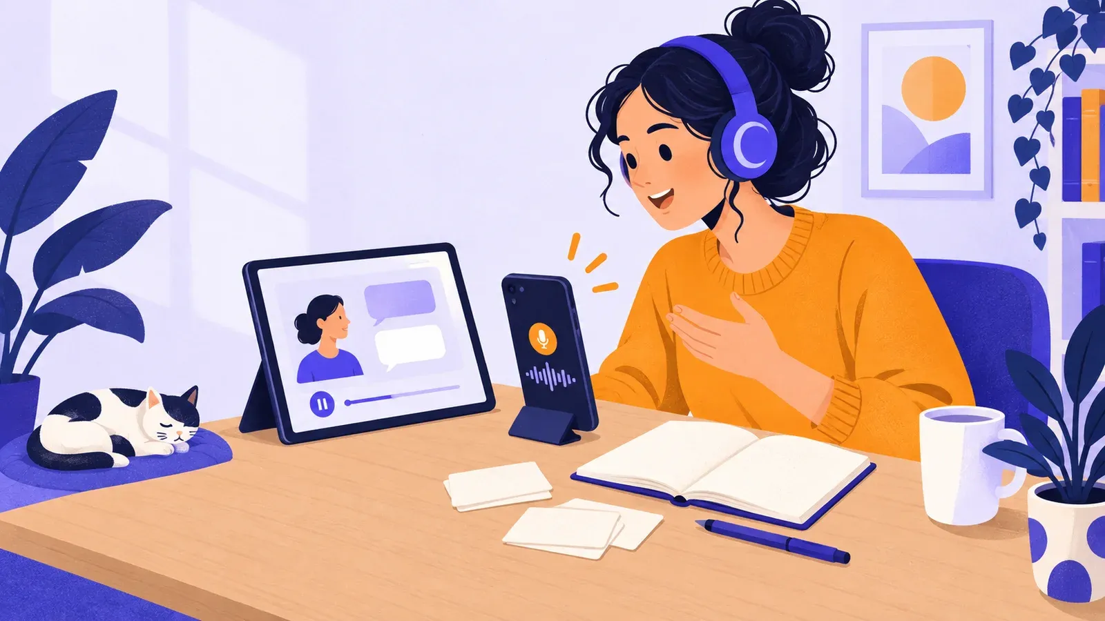 A learner in headphones speaks toward a phone beside a tablet, practice cards and an open notebook