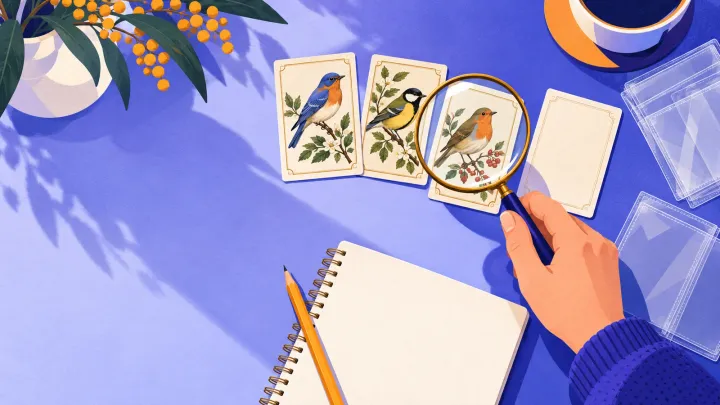 A hand compares small illustrated bird cards with a magnifier beside a blank notebook and protective pockets