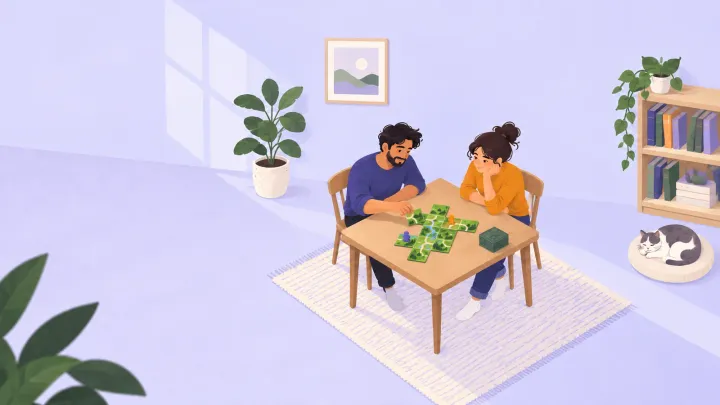 Two adults playing a tile-laying board game, with one placing a tile beside blue and orange pawns