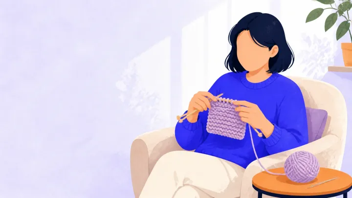 Hands knitting a small purple garter-stitch square with light-colored yarn