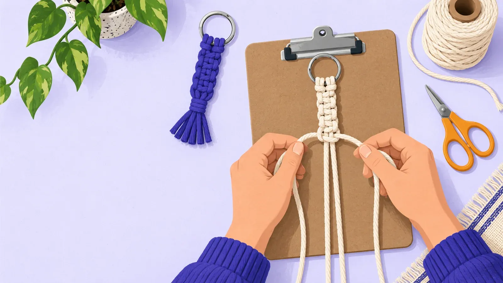 Hands knot cotton cords attached to a metal ring beside a finished indigo key fob and scissors