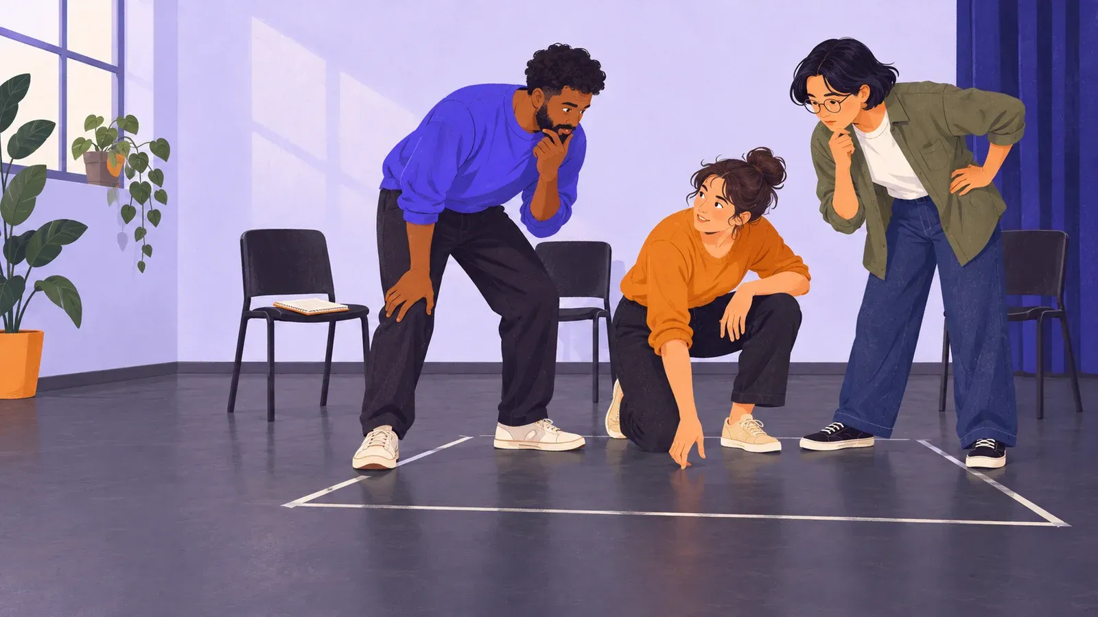 Three adult beginners form a collaborative frozen scene in a clear community rehearsal room