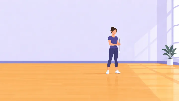 A beginner holding a twirling baton upright with both hands in a clear indoor practice space