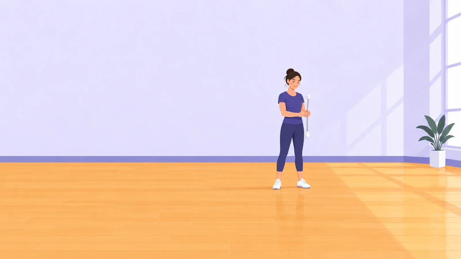 A beginner holding a twirling baton upright with both hands in a clear indoor practice space