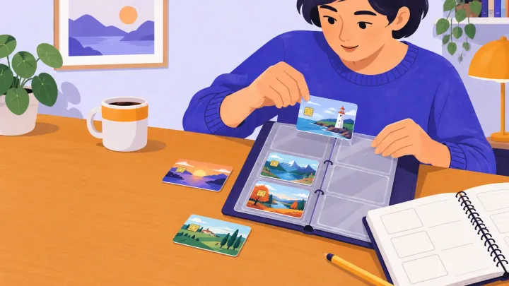 A person places a phonecard into a clear album pocket beside a notebook and pencil