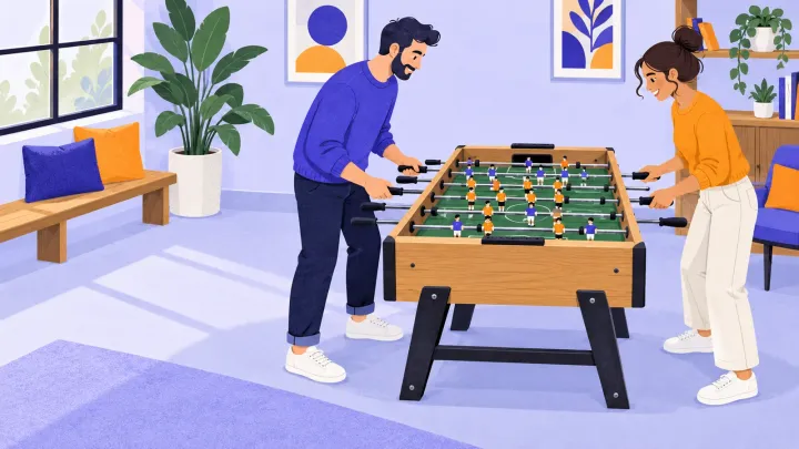 Two adults use the rod handles on opposite sides of a table-football table