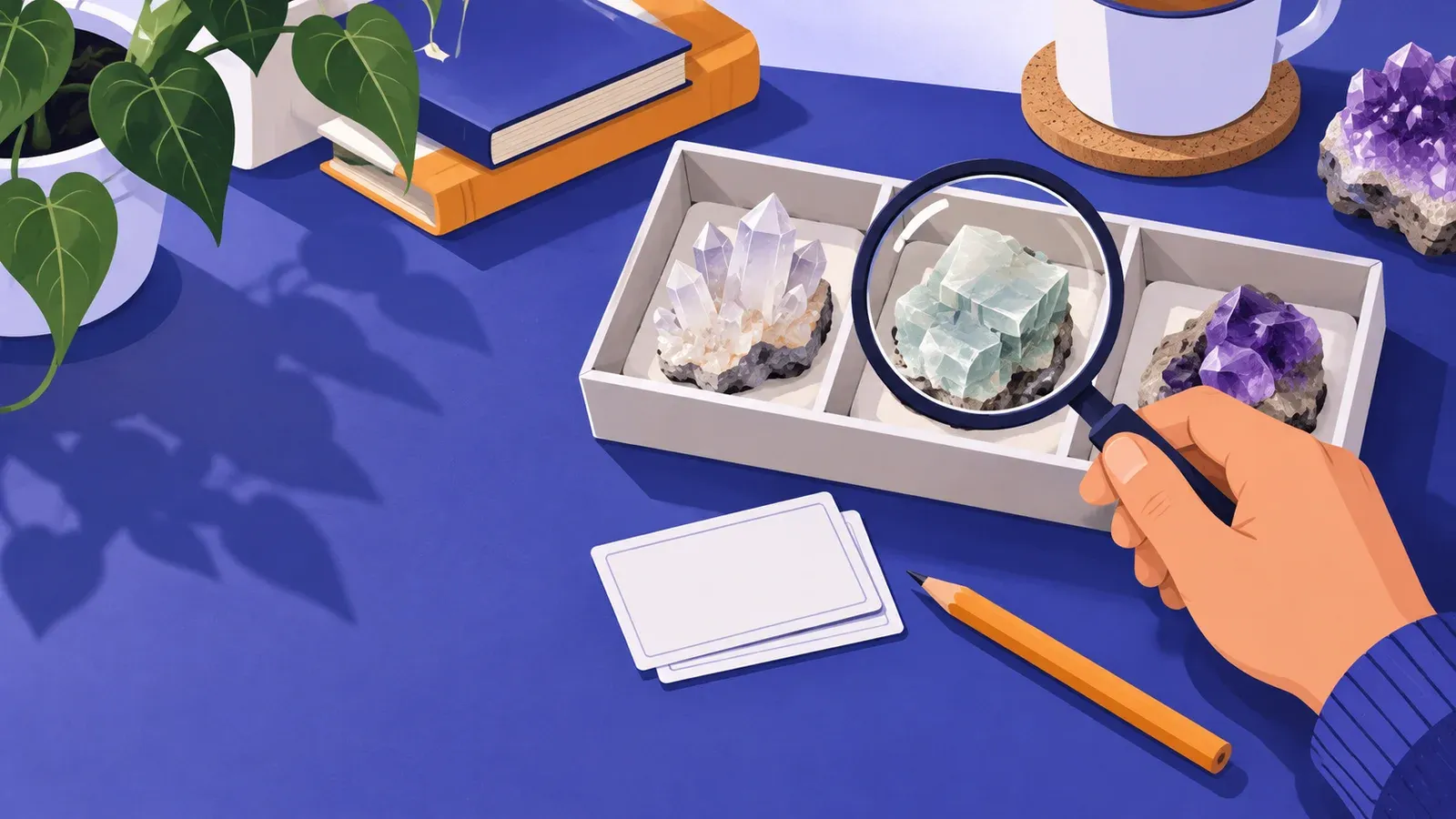 A hand holds a magnifier over mineral specimens in separate tray compartments beside blank cards and a pencil