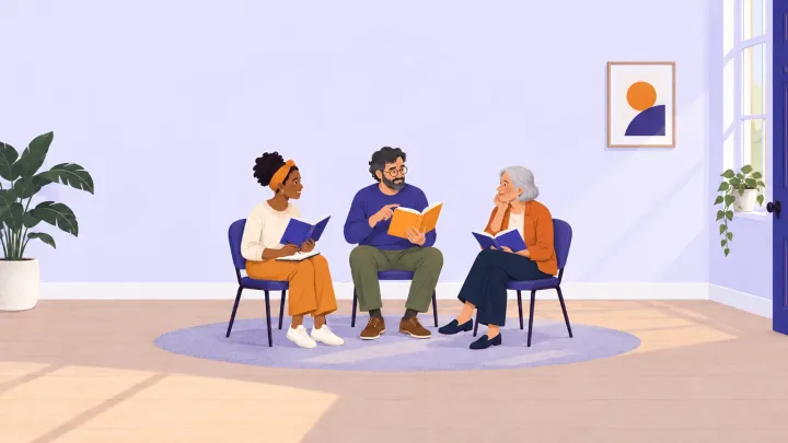 Three readers holding open books while one points to a passage and the others listen