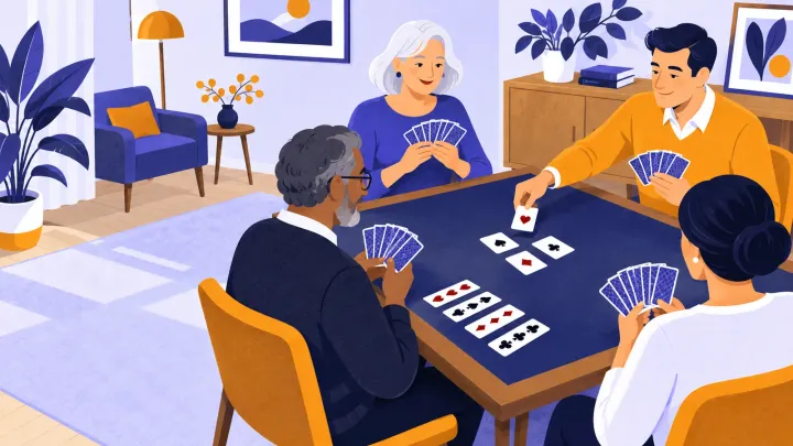 Four adults play cards around a table with several face-up cards between them
