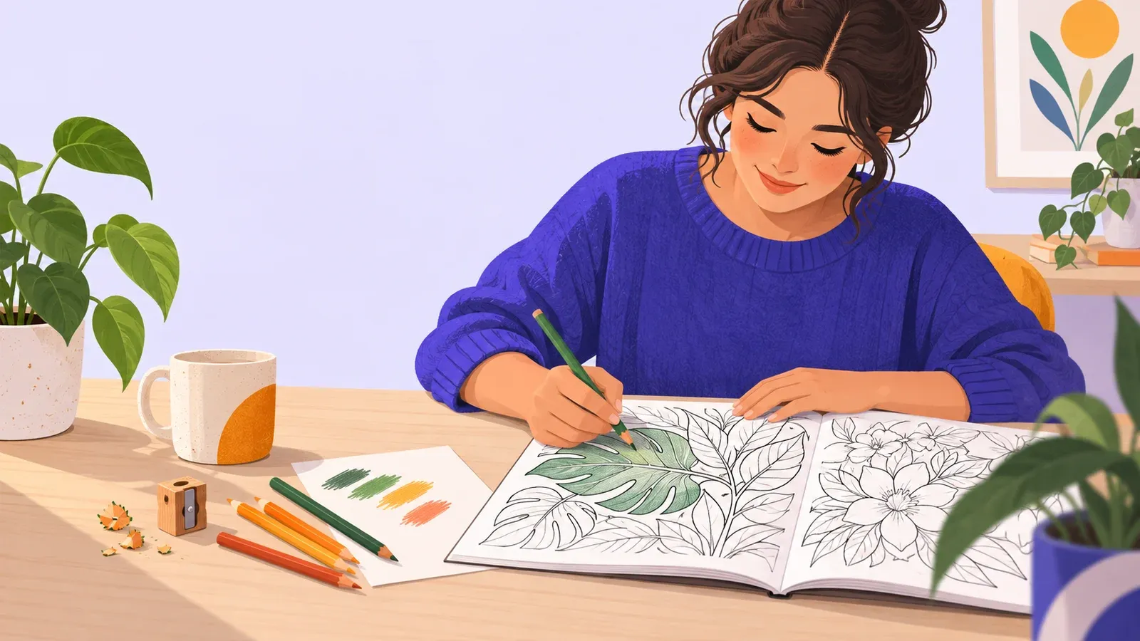 A beginner layers green pencil on a botanical coloring page beside a small set of swatches
