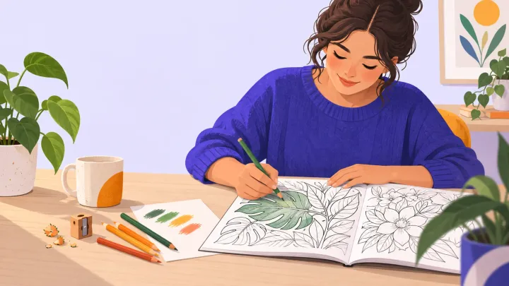 A beginner layers green pencil on a botanical coloring page beside a small set of swatches