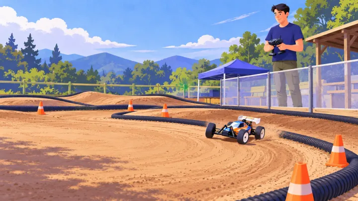 A beginner uses a wireless controller to steer a small RC buggy around a bend at an outdoor club track