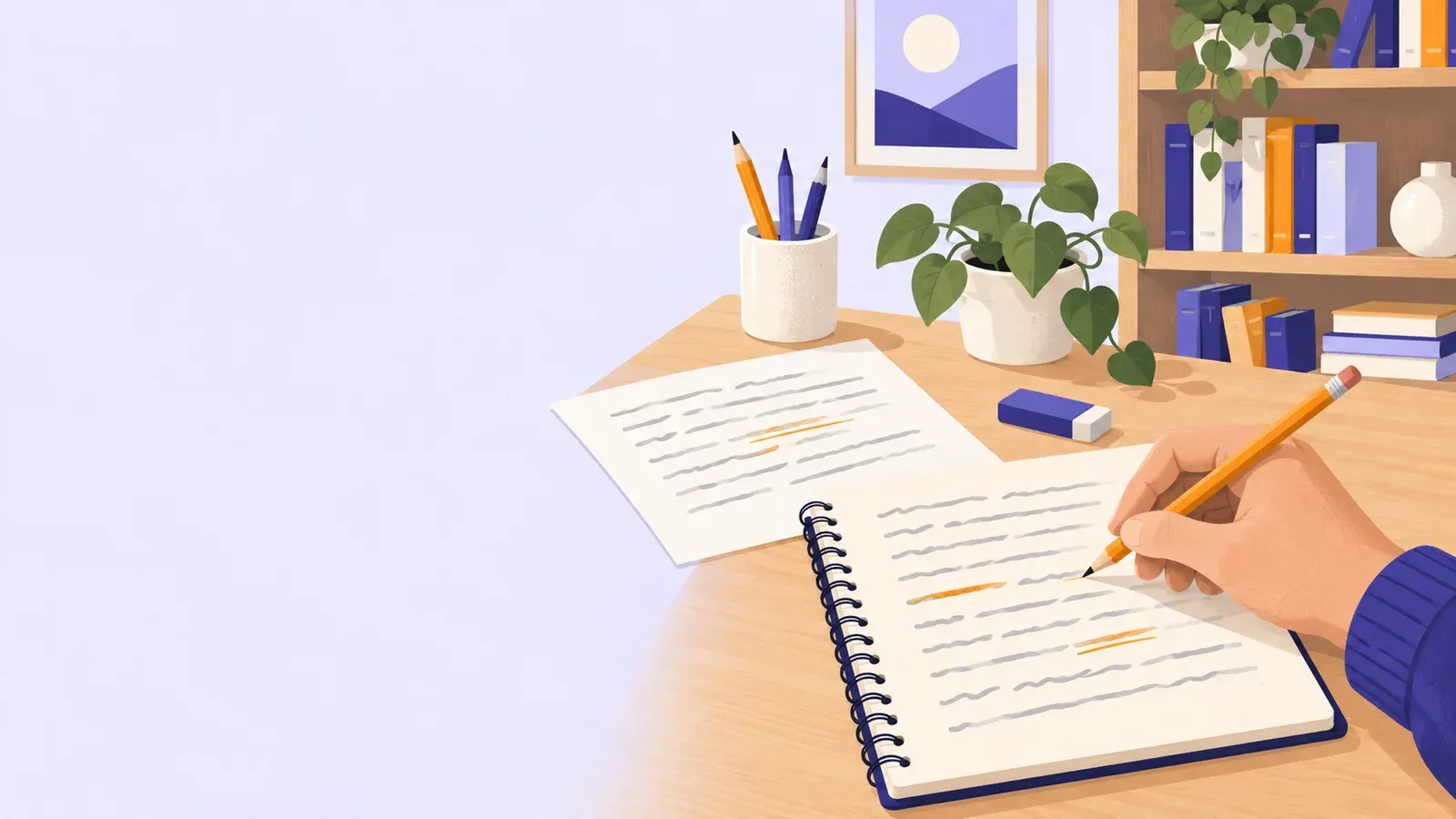 A hand revises a notebook with an orange pencil beside a draft sheet and eraser