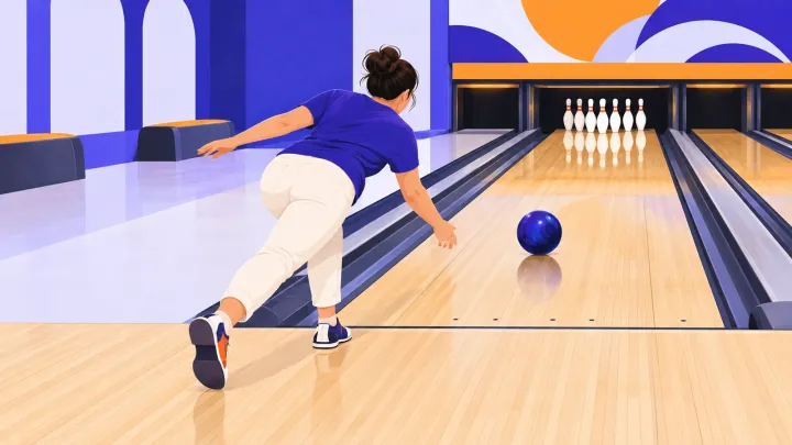 A beginner releases a bowling ball behind the foul line toward ten pins on an indoor lane