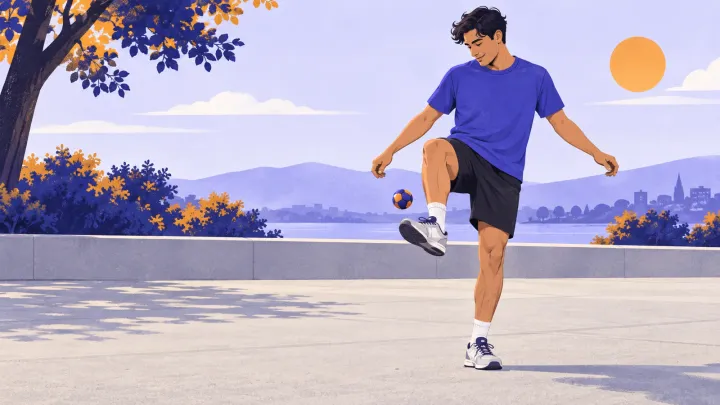 A person lifts one foot toward a footbag on a clear outdoor path