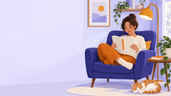 A reader holds an open book in an indigo armchair beside a lamp and a small table