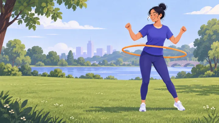 An adult in indigo clothes and closed shoes practises with an orange hoop around their waist on grass.