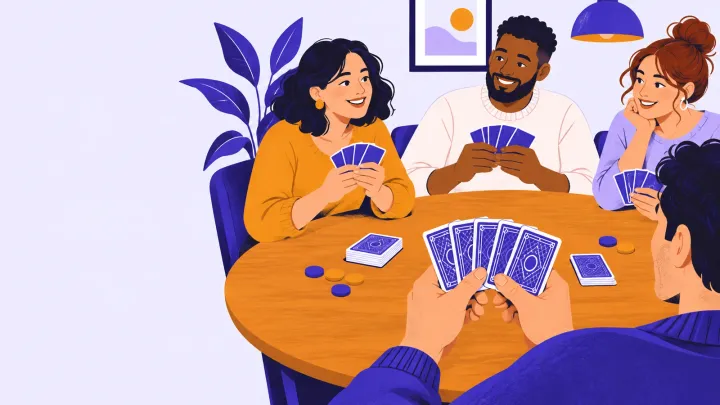 Adults practice draw poker around a home table with cards and plain counters