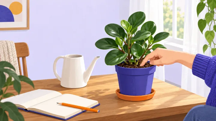 A hand checks soil in a small glossy-leaved plant beside a window, with a watering jug and blank care notebook