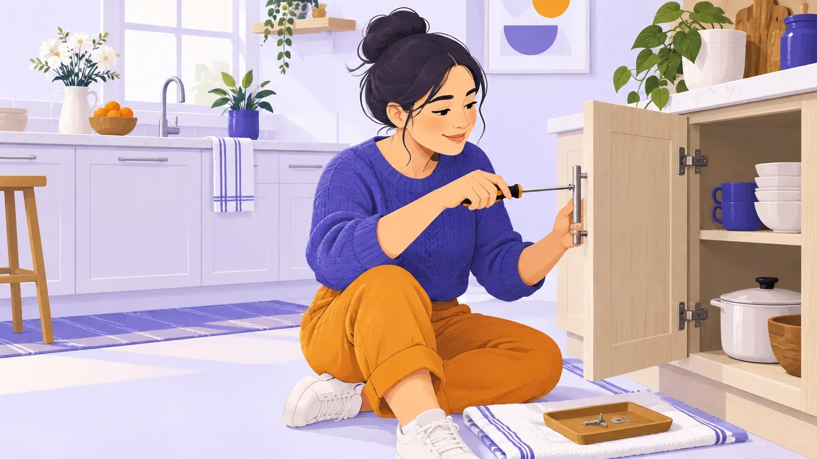 A beginner steadies a cabinet handle while tightening its screw with a hand screwdriver