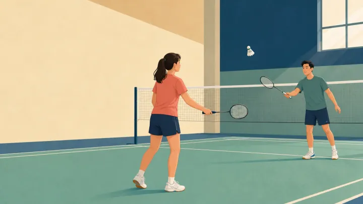 Two beginners building a gentle badminton rally on a clear indoor court