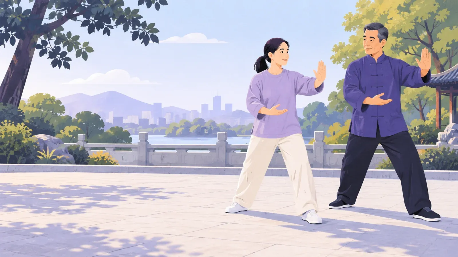 Two adults practise tai chi with raised hands on a level paved terrace beside trees