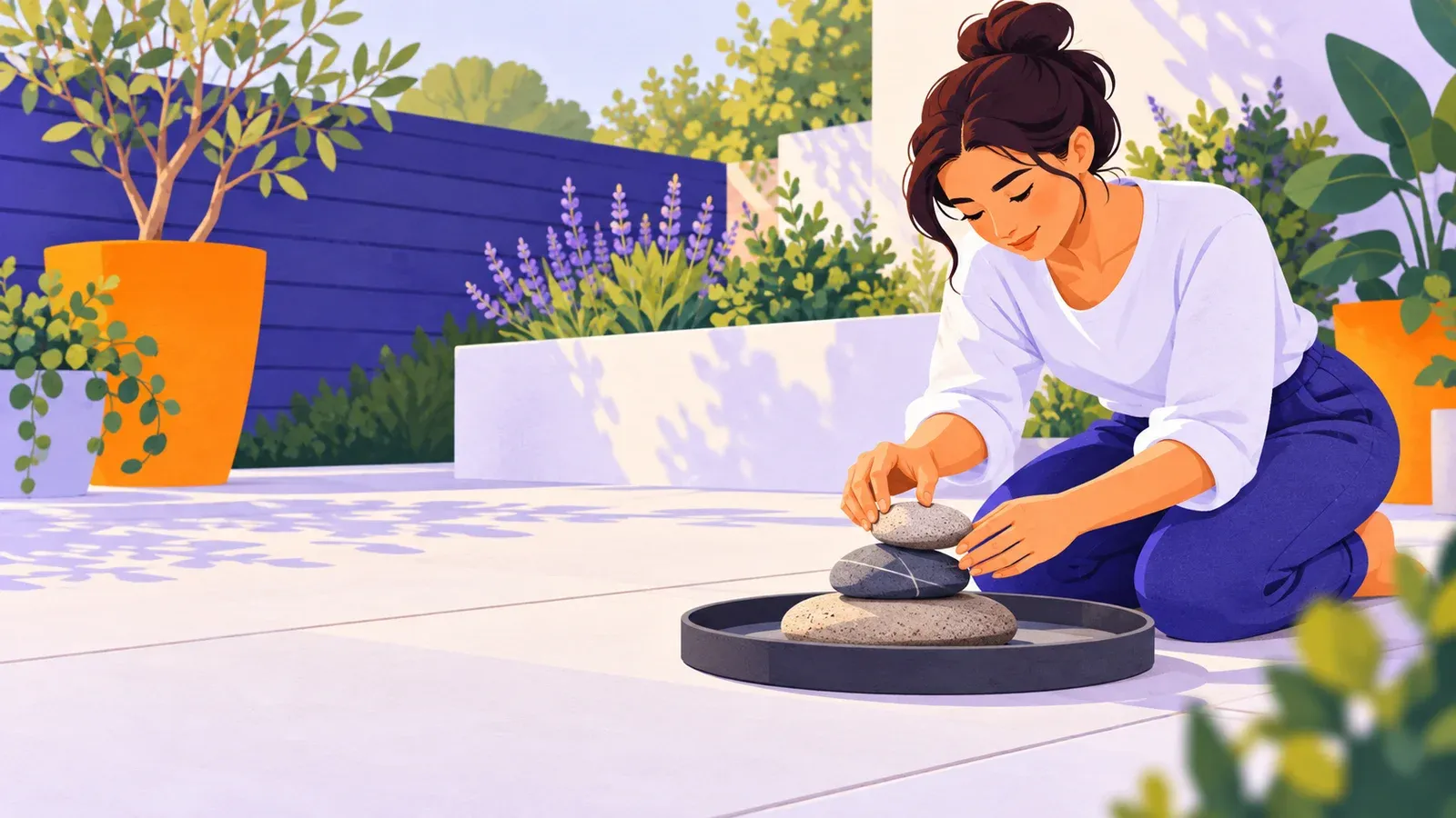 A beginner adjusts small balanced stones in a shallow tray on a private garden patio