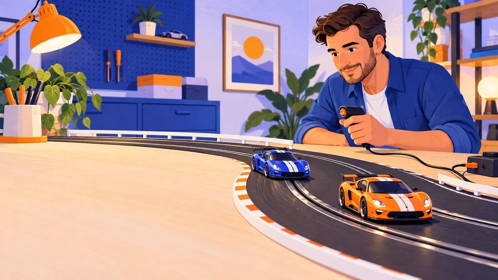 A beginner holds a wired hand controller beside two small race cars on a tabletop slot track
