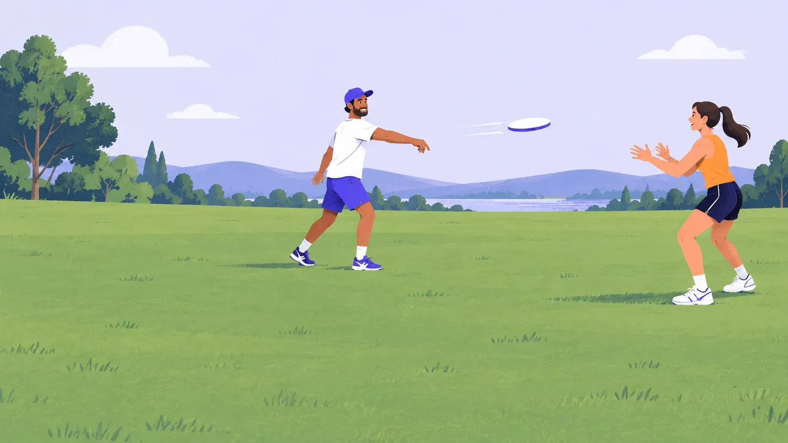 Two adults pass a flying disc across a clear grassy field, with one waiting to catch it.