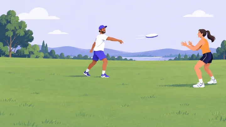 Two adults pass a flying disc across a clear grassy field, with one waiting to catch it.