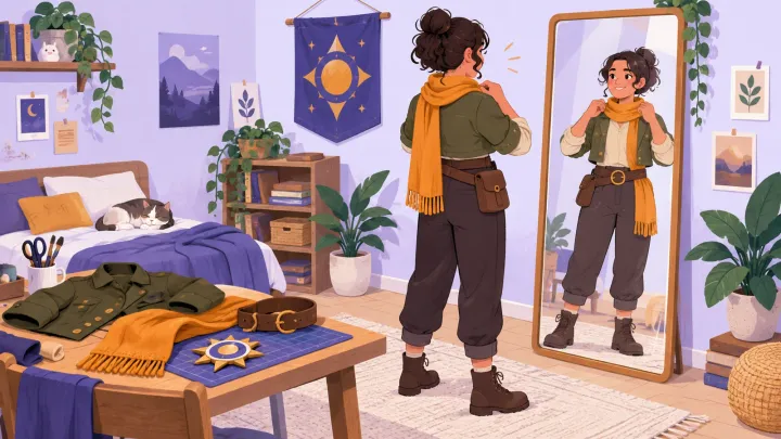 A beginner adjusts a scarf on a simple adventurer costume while checking the full outfit in a mirror