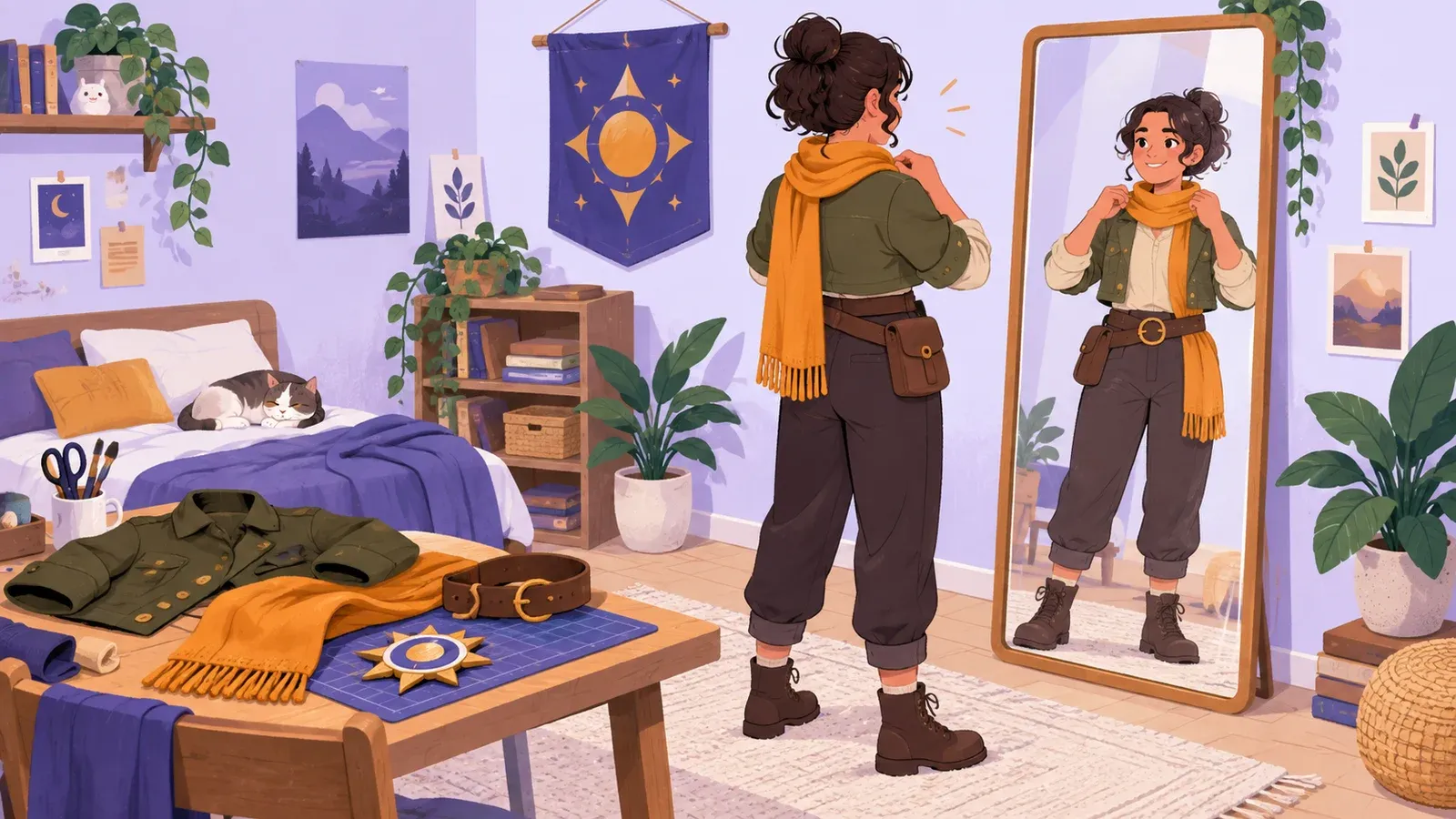 A beginner adjusts a scarf on a simple adventurer costume while checking the full outfit in a mirror