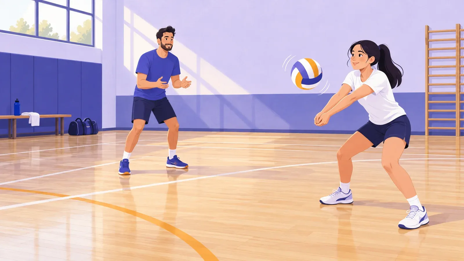Two adults practise a forearm pass with a volleyball in a sports hall.