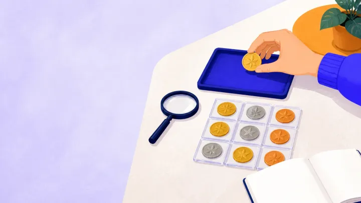 Ten coins arranged in protective holders beside a magnifier and inventory notebook