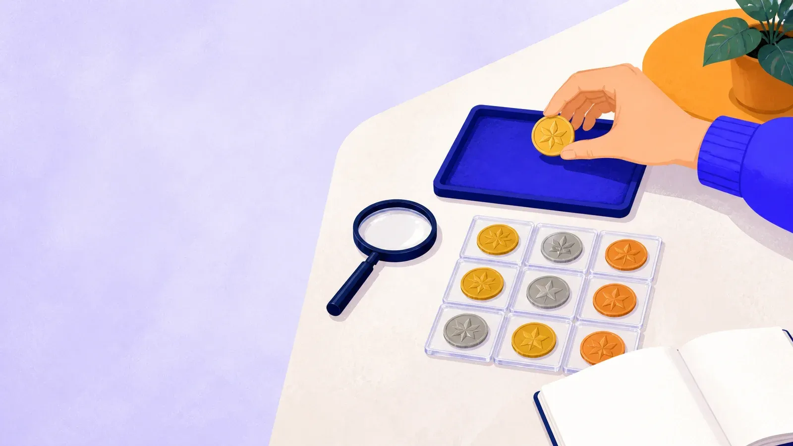 Ten coins arranged in protective holders beside a magnifier and inventory notebook