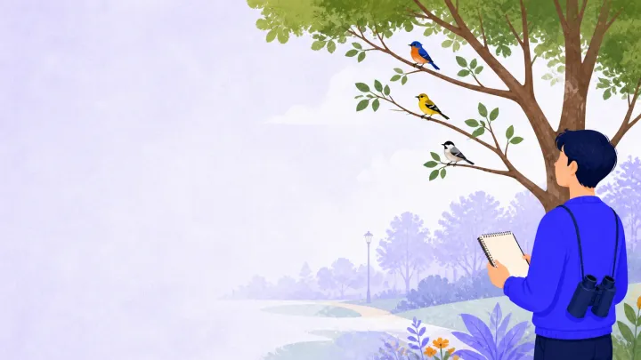 A birdwatcher recording three birds from a respectful distance in a park