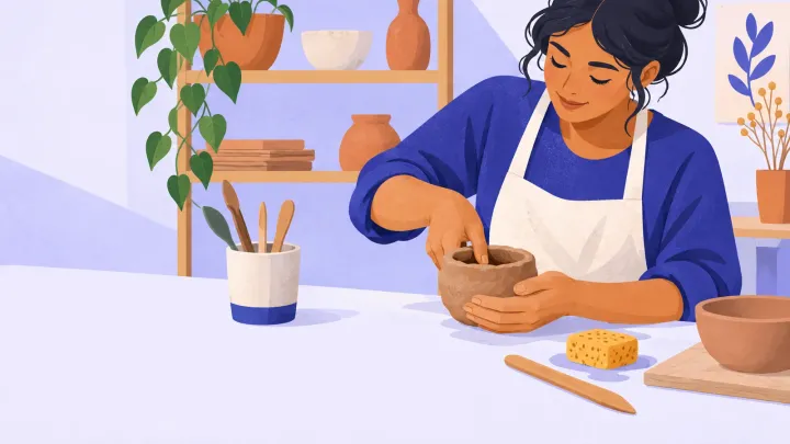 A person pinches a small clay bowl at a studio table beside a sponge and tools