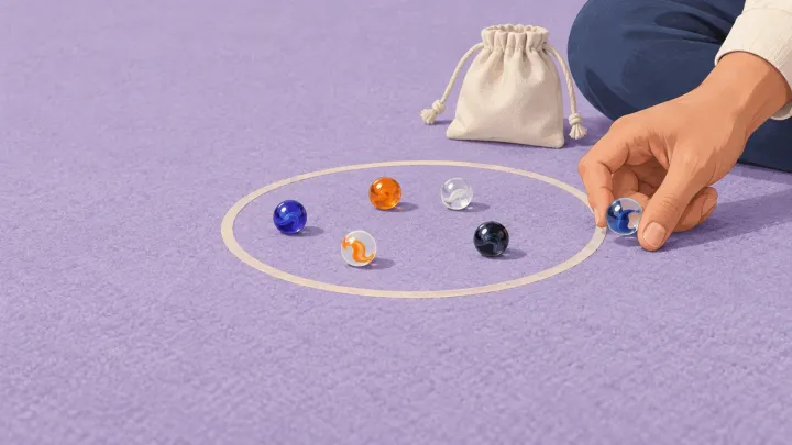 A hand aims a shooter at colored glass marbles inside a circular boundary on a mat
