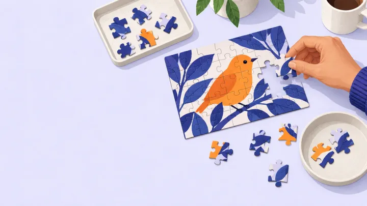 A hand places a piece into a bird-and-leaves jigsaw beside loose pieces and sorting trays