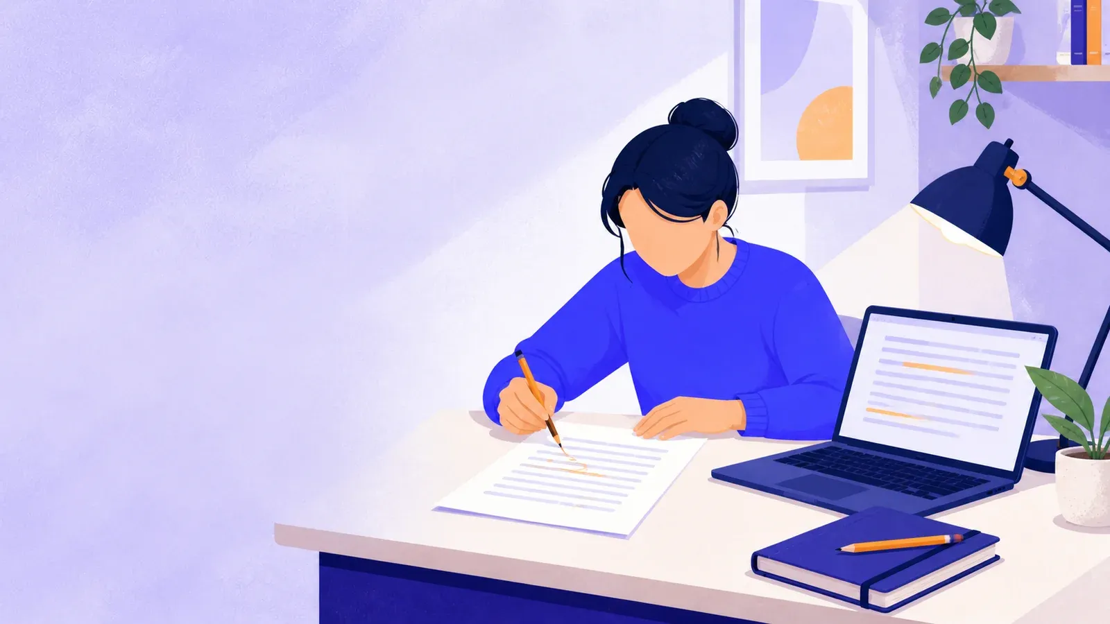 A writer revising a short scene at a simple desk with pages and a laptop