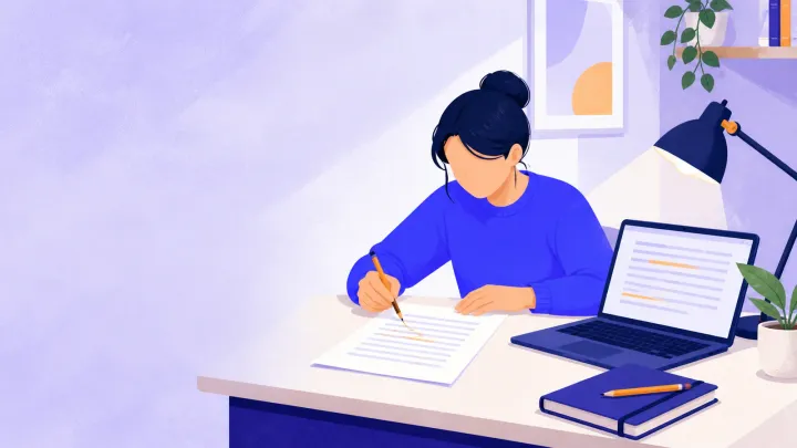 A writer revising a short scene at a simple desk with pages and a laptop