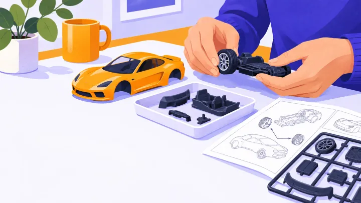 Adult hands fit a wheel to a small plastic car model beside loose parts and an illustrated instruction sheet